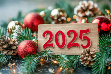 Christmas decorations with pine branches, festive balls and twinkling lights. New Year greeting card with number 2025
