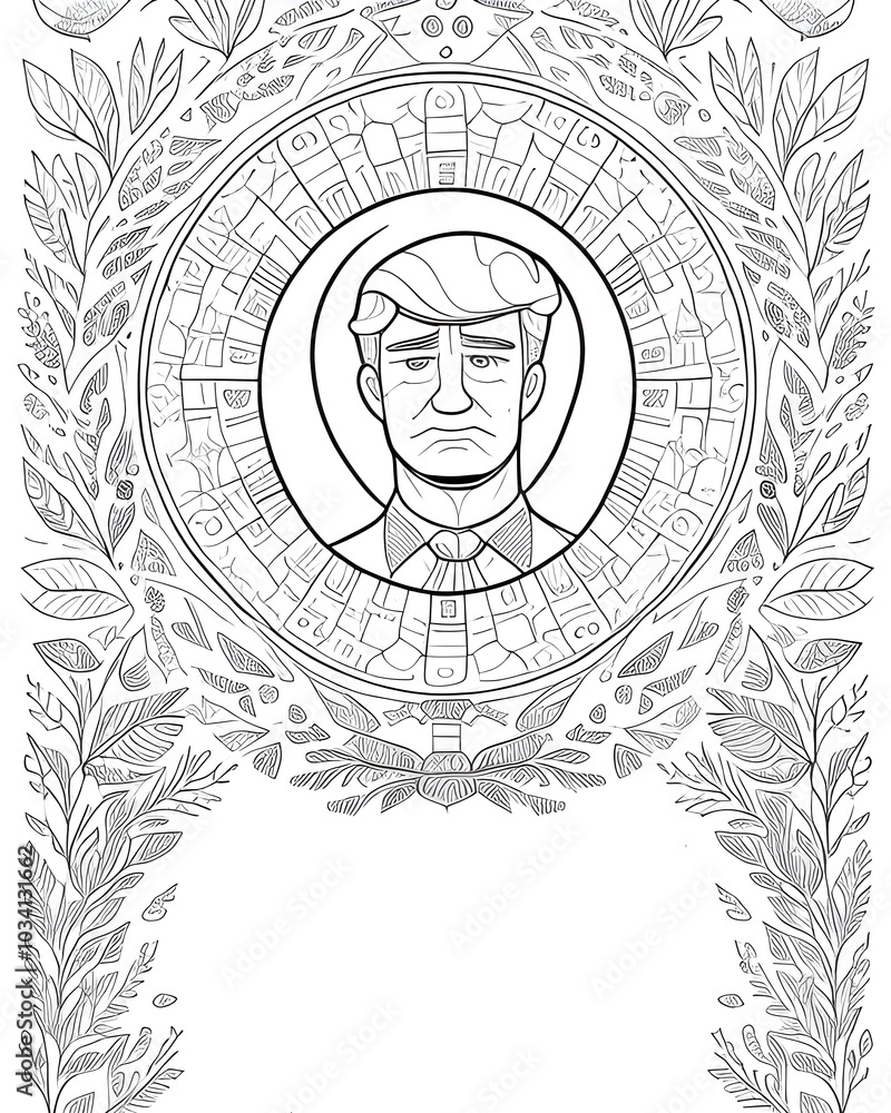 Poster a drawing of a man in a circle with a picture of a man in a circle.
