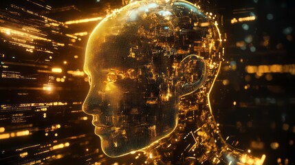 A digital rendering of a human head made of circuits and glowing with warm light, symbolizing artificial intelligence and the future of technology.