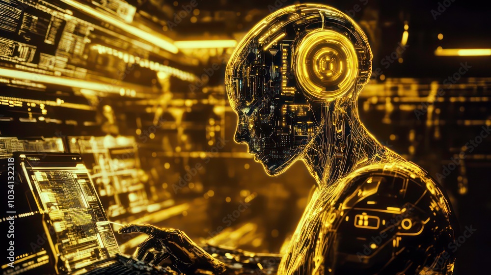Poster a golden robot with glowing circuits works on a laptop in a futuristic room filled with digital code