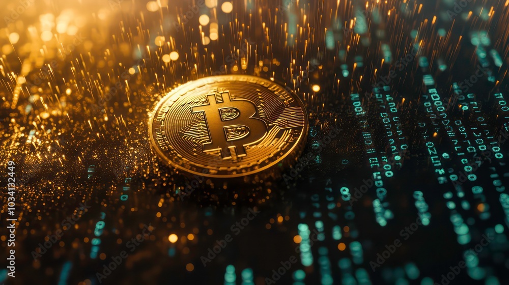 Aufkleber a golden bitcoin coin sits on a background of binary code and glowing lights.