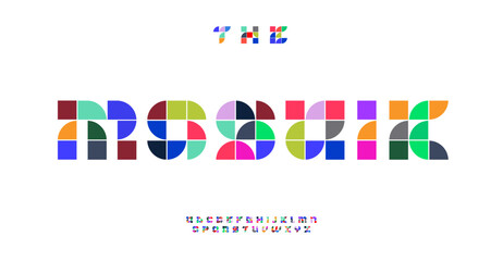 Mosaik modular alphabet, geometric colorful blocks letters, artistic font for creative logo, dynamic headline design, playful modern typography. Vector typeset.
