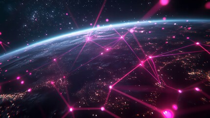 Obraz premium A digital network of pink lines and dots connecting cities and continents across the globe, seen from outer space.
