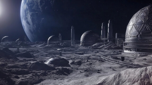 Futuristische Mondbasis unter Sternenhimmel. Kuppeln und Module auf grauer Oberfl&auml;che. Erde am Horizont. Sci-Fi-Vision naher Zukunft