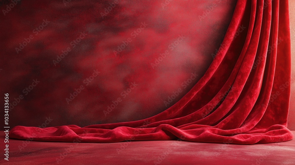 Aufkleber Rich red velvet drapes create a luxurious backdrop for artistic photography and design projects in a soft, warm-lit space