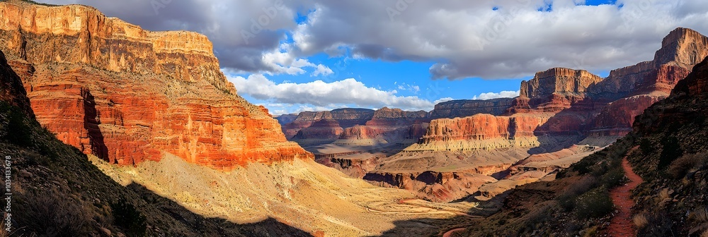 Poster majestic red rock canyons with towering cliffs winding paths and deep shadows creating a dramatic se