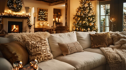 A cozy and warm Christmas room, featuring earth tones. The room has a plush fur throw over a comfortable sofa.