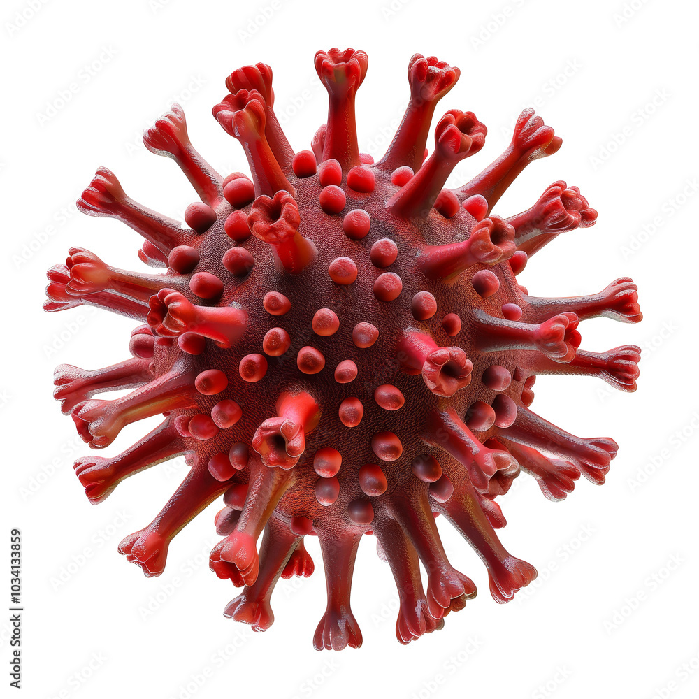 Poster red virus structure displayed against a clean background highlighting its spiky surface features and