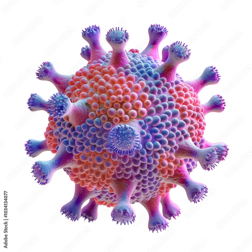 Poster colorful digital rendering of a virus showcasing intricate details and structure under a microscope 