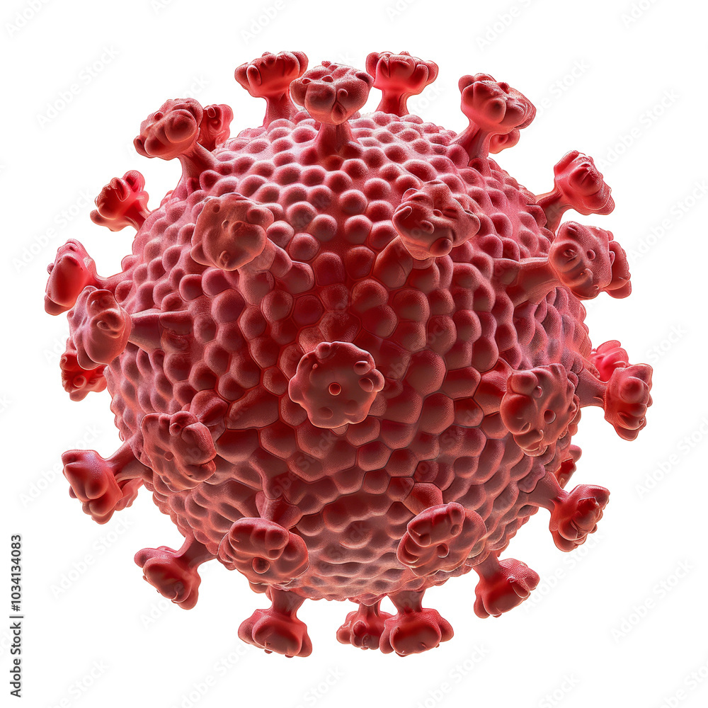 Poster microscopic view of a virus, showcasing its intricate structure and spikes during the study of infec