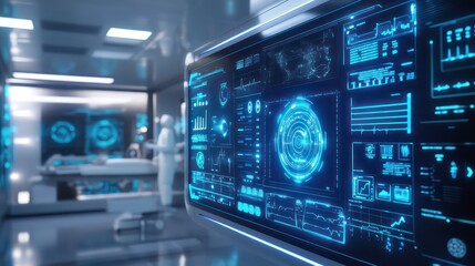 Futuristic operating room with a large digital display showing medical data and a doctor in the background.