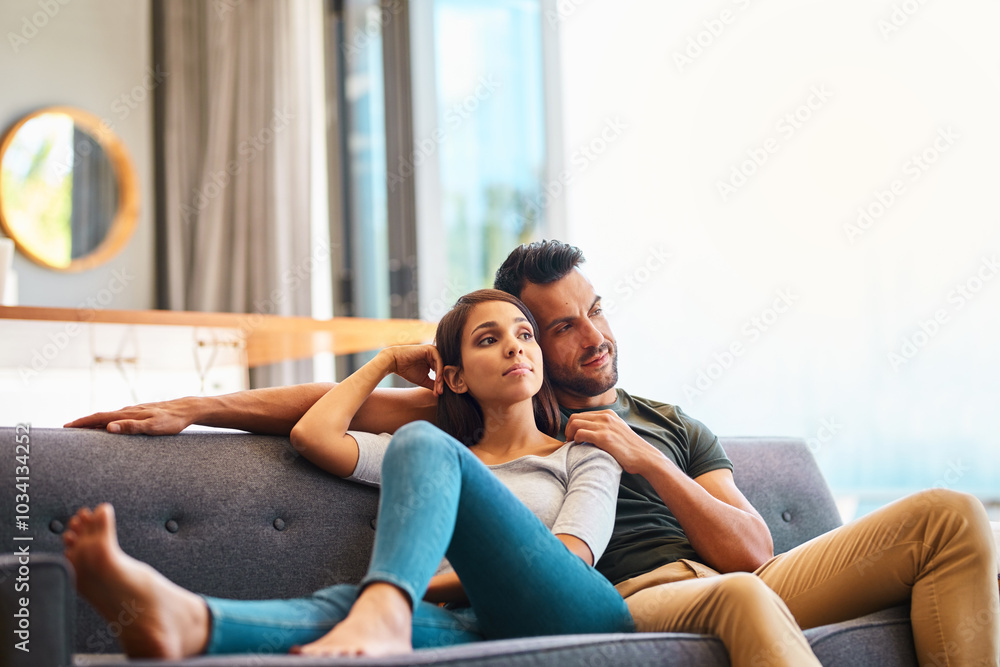 Wall mural Couple, rest and couch for watching tv at house for streaming movie, film and multimedia subscription. People, rest and sofa with entertainment video, cinema service and bonding together for weekend