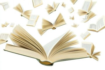 Open book with flying pages creating a whimsical effect on a transparent background