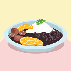 Feijoada typical Brazilian dish, black beans with pork meat cuts, white rice and orange slices