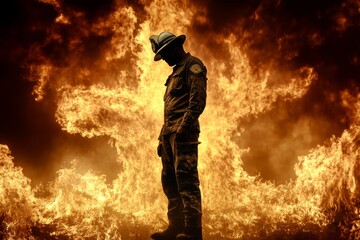 Naklejka premium Brave Firefighter Amidst Raging Wildfire, Windblown Embers Dancing, Urgent Fire Risk Warning, Highlighting Emergency Response and Fire Weather Dangers