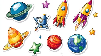 A colorful vector set of cartoon space stickers with rockets, planets, and stars on a white background