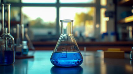A beaker filled with a blue liquid in the foreground, surrounded by other glassware on an empty table.