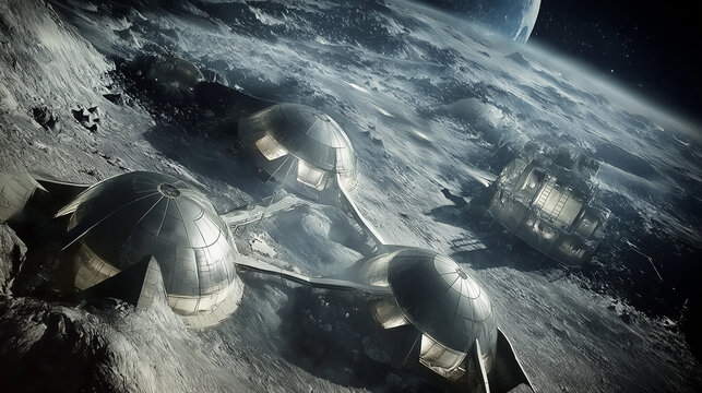Futuristische Mondbasis unter Sternenhimmel. Kuppeln und Module auf grauer Oberfl&auml;che. Erde am Horizont. Sci-Fi-Vision naher Zukunft