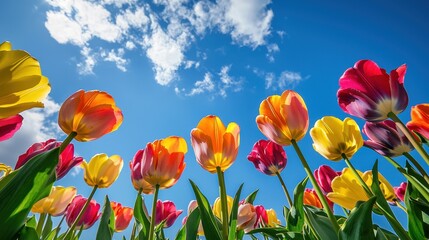 Fototapeta premium Vibrant Tulips in a Blooming Garden Under Clear Sky