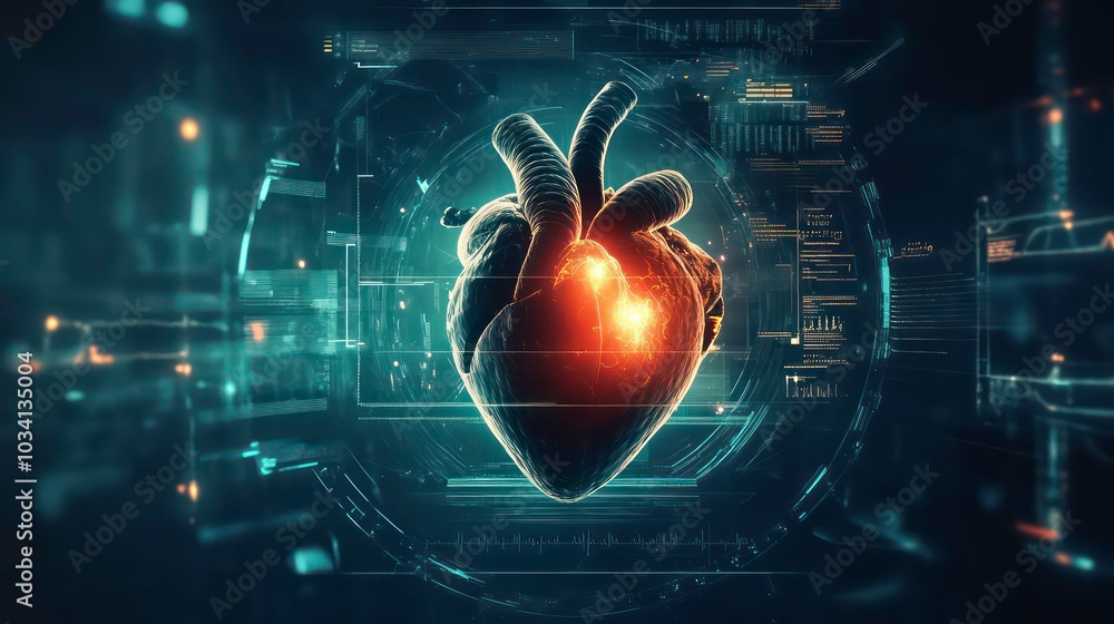 Poster a digital rendering of a human heart with glowing red areas, surrounded by a futuristic, technologic