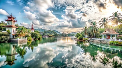 Obraz premium A serene lake with a pagoda and palm trees reflected in the water under a bright blue sky with fluffy clouds.