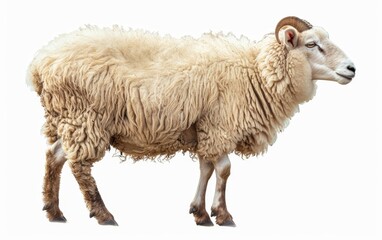 Fototapeta premium Profile view of a sheep with a full, thick fleece looking to the side, isolated on a white background.