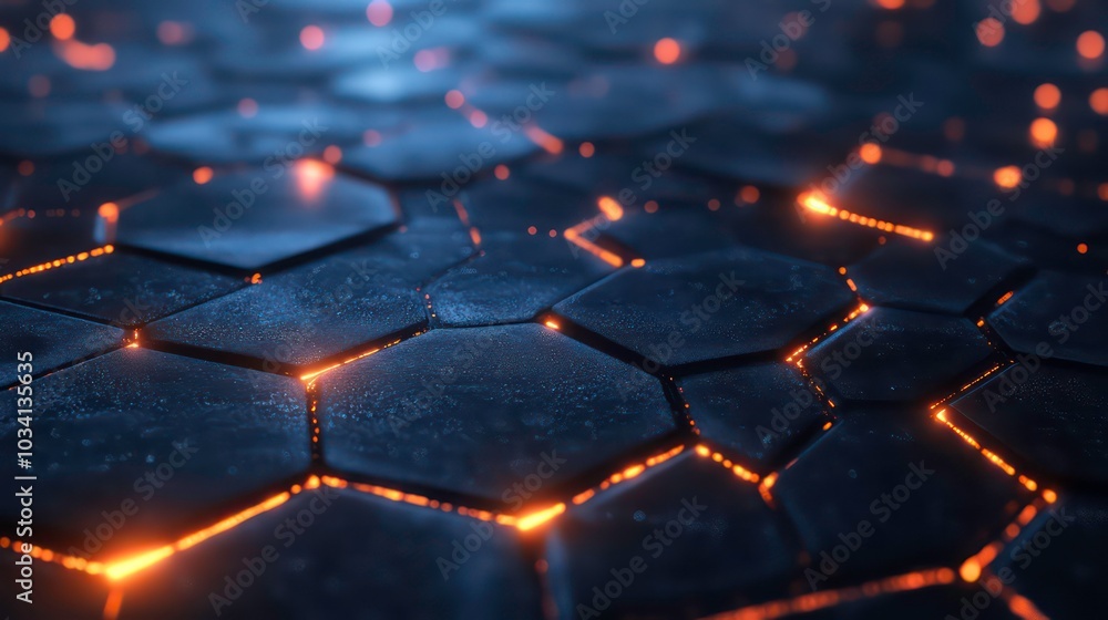 Poster abstract hexagonal pattern with glowing orange lights.
