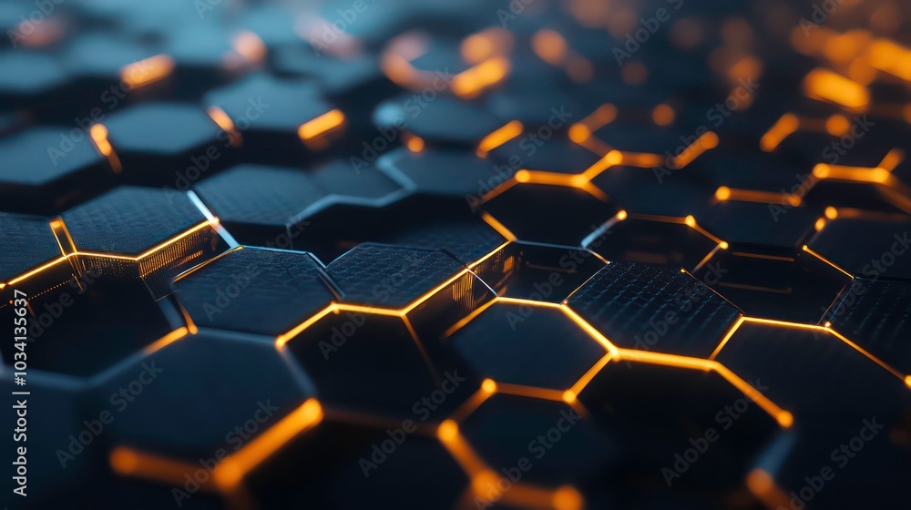 Poster abstract 3d hexagonal pattern with glowing edges, rendered in blue and orange colors.