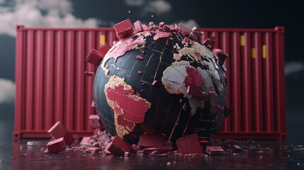 Global Trade Disruption, a shattered globe surrounded by shipping containers, representing the effects of tariffs on international markets and commerce dynamics.