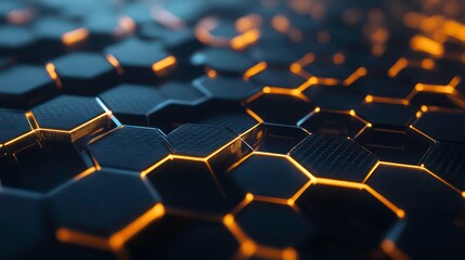 Fototapeta premium Abstract 3D hexagonal pattern with glowing edges, rendered in blue and orange colors.