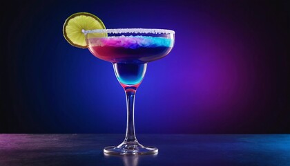 Colorful margarita cocktail with lime wedge on a blue and purple background