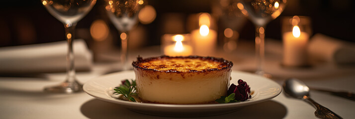 Fototapeta premium Creme brulée dessert sits on a table with lit candles and wine glasses, creating a warm and inviting ambiance