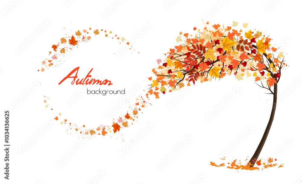 Poster Autumn abstract background with tree and flying colorful leaves. Vector.
