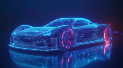 A futuristic sports car rendered in a wireframe style with neon lights.