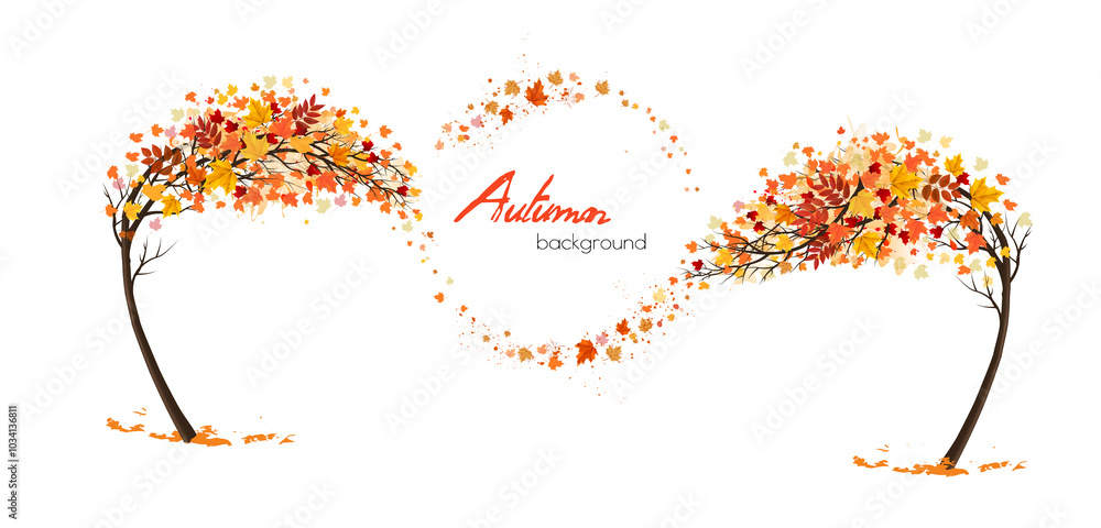 Aufkleber Autumn abstract background with two trees and flying colorful leaves. Vector.
