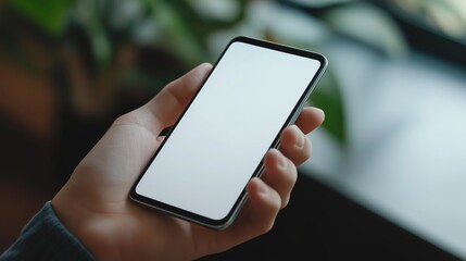 Elegant hand gripping sleek smartphone with white screen mockup against minimalist backdrop. Showcasing modern technology and elegance