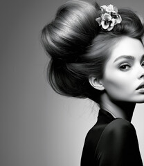elaborate detailed 1960s hairstyle voluminous intricate elegant, black-and-white, embodying both elegance and coolness. 