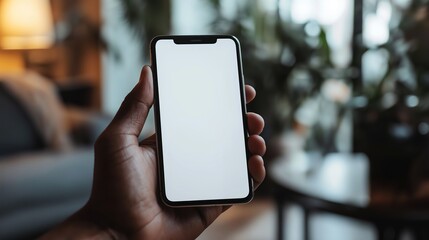 Elegant hand gripping sleek smartphone with white screen mockup against minimalist backdrop. Showcasing modern technology and elegance