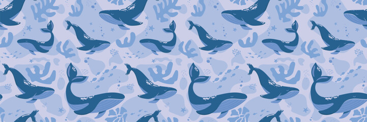 Hand drawn marine life. Seamless pattern with wild sea animals, seaweed and corals. Children's illustration on blue background. Cartoon whales and sperm whales bright colors.