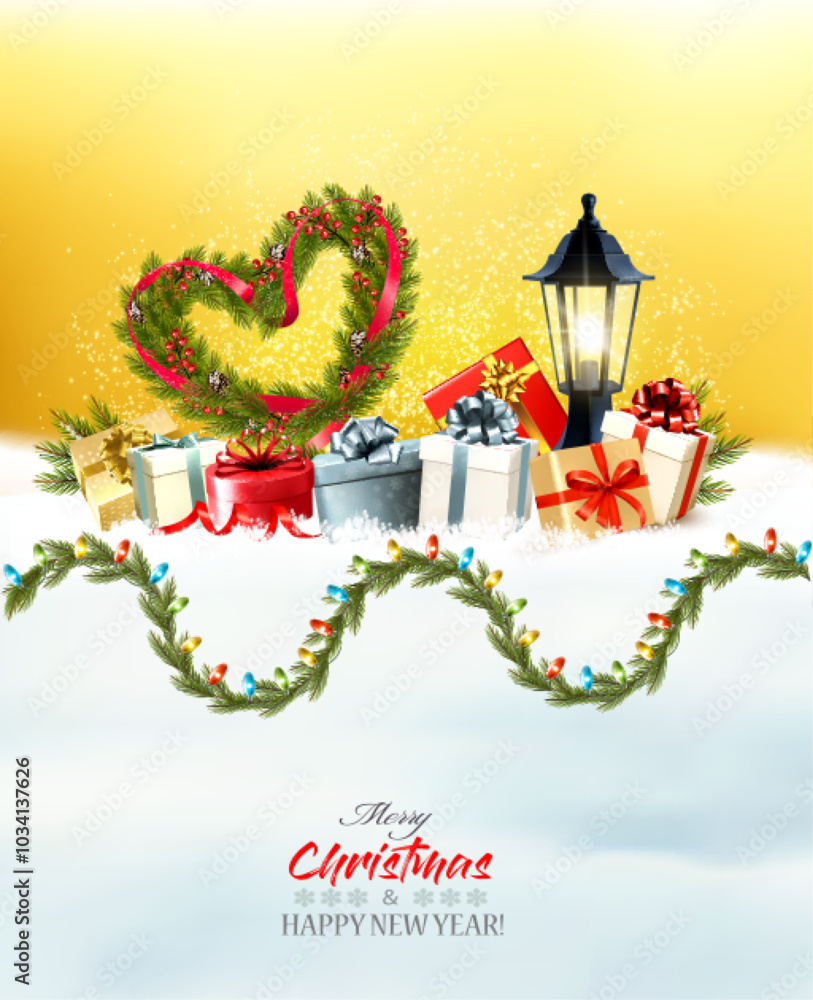 Aufkleber merry christmas and happy new year yellow glowing background with heart shaped christmas tree branch