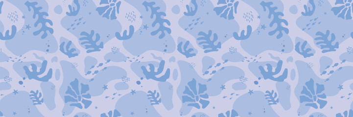 Hand drawn marine life. Seamless pattern with wild sea animals, seaweed and corals. Children's illustration on blue background. Cartoon whales and sperm whales bright colors.