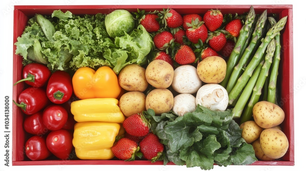 Poster a variety of fresh vegetables and strawberries are artfully displayed in a red crate, featuring gree