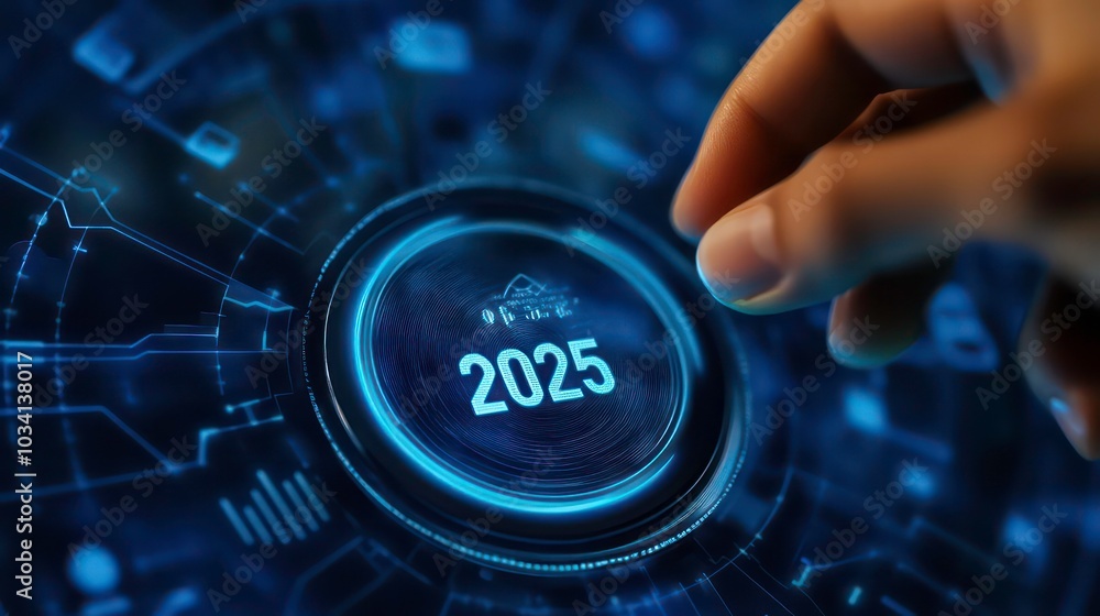 Poster a finger presses a glowing blue button with the number 2025 surrounded by a digital interface.