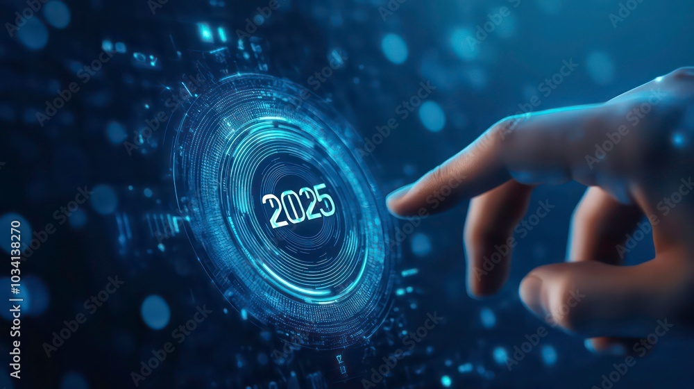 Poster a hand reaches out to touch a futuristic button with the number 2025 on it. the button is surrounded