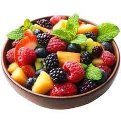 Obraz premium Fresh mixed berries and fruit bowl, vibrant berry salad with mint leaves, healthy colorful dessert food photo isolated PNG with Transparent Background