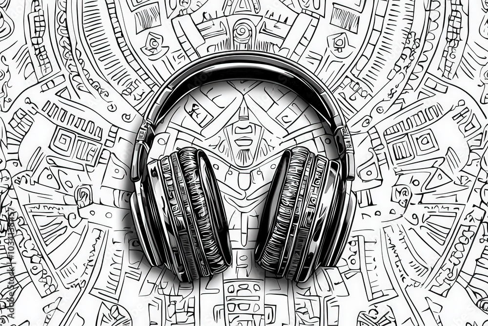 Poster a pair of sleek headphones is placed prominently against a detailed line art backdrop featuring comp
