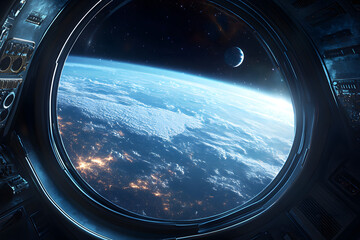 Breathtaking view of Earth from space station window showing planet, atmosphere, stars, outer space, astronaut perspective, stunning celestial scenery, universe exploration, cosmic adventure

