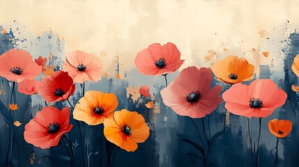 A watercolor painting of a field of red, pink, and orange poppies against a soft blue and yellow background.