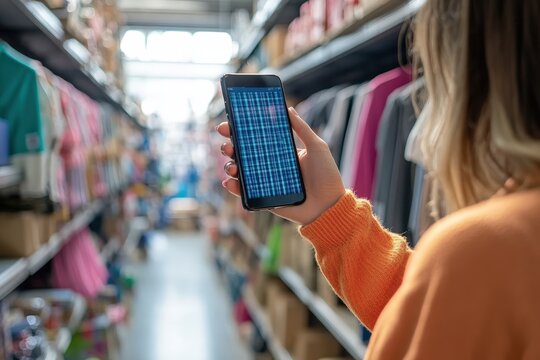 A person holds a smartphone displaying a grid pattern while standing among vibrant clothing racks in a busy retail store