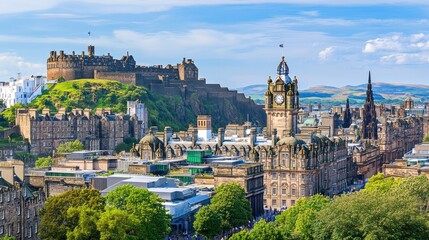 Fototapeta premium A panoramic view of Edinburgh Castle in Scotland, perched on a hill overlooking the city.